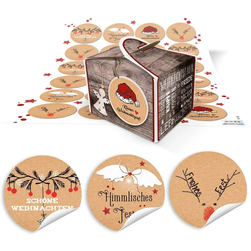 24 Geschenkboxen braun mit Engel 8 x 6,5 x 5,5 cm und runden Aufklebern rot-weiß-schwarz