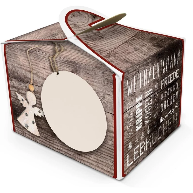 24 Geschenkboxen braun mit Engel 8 x 6,5 x 5,5 cm und runden Aufklebern rot-weiß-schwarz