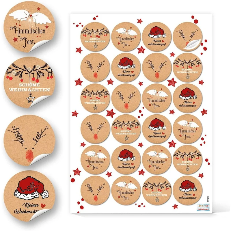 24 Geschenkboxen braun mit Engel 8 x 6,5 x 5,5 cm und runden Aufklebern rot-weiß-schwarz