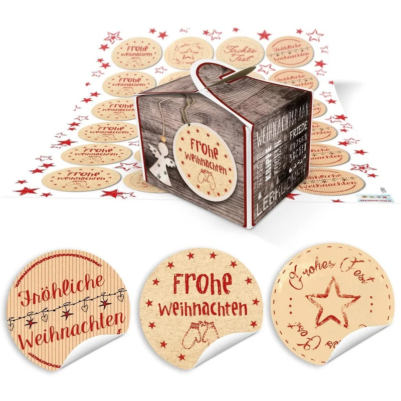 24 Geschenkboxen braun mit Engel 8 x 6,5 x 5,5 cm und runden Aufklebern beige-rot