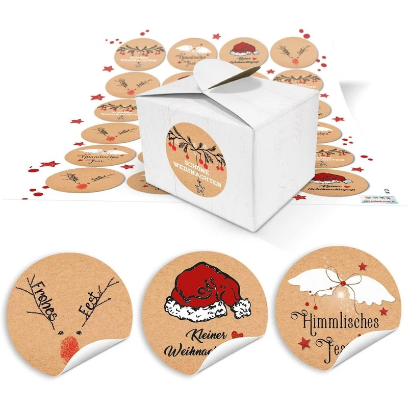24 Geschenkboxen weiß 8 x 6,5 x 5,5 cm mit runden Weihnachtsaufklebern rot-schwarz-braun