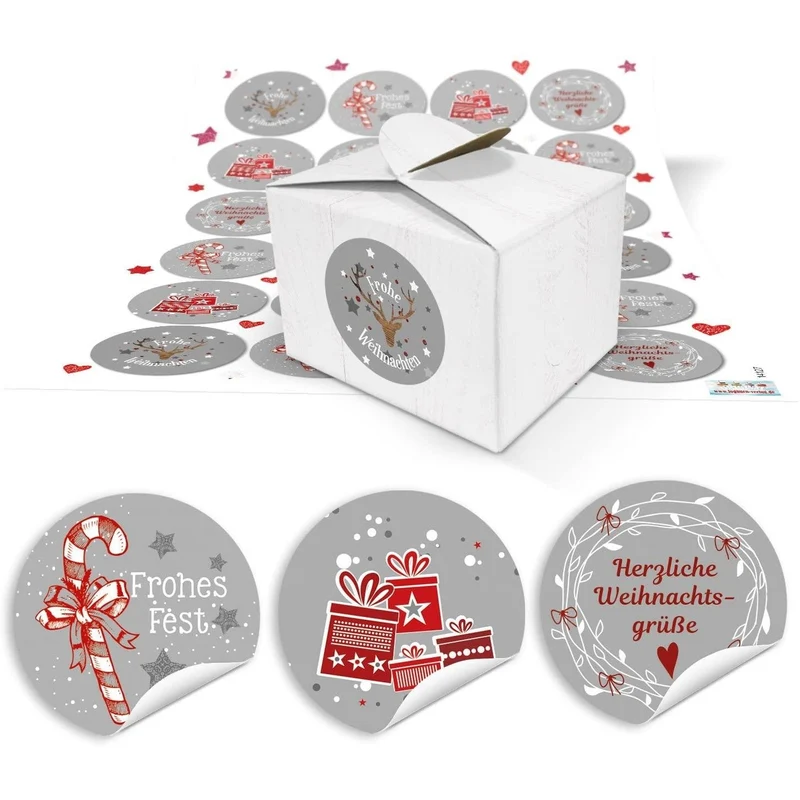 48 Geschenkboxen weiß 8 x 6,5 x 5,5 cm mit runden Weihnachtsaufklebern rot-grau