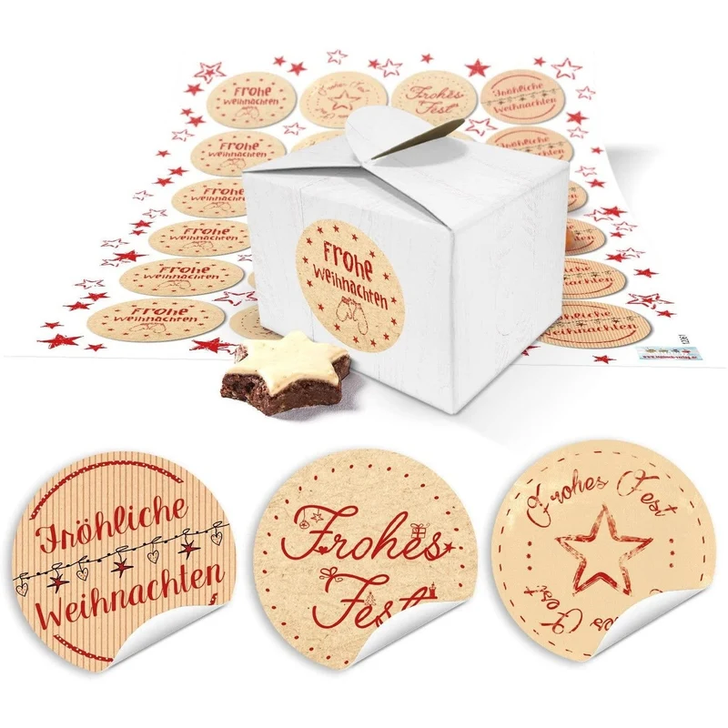 24 Geschenkboxen weiß 8 x 6,5 x 5,5 cm mit runden Aufklebern „Frohes Fest“ rot-beige