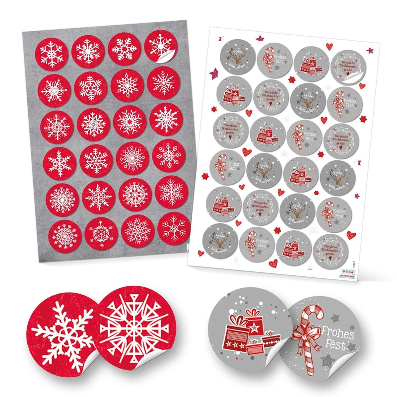 SET 4 x 24 weihnachtliche Geschenkaufkleber Weihnachtsaufkleber Schneeflocken + Text Frohe Weihnachten 4 cm in rot grau weiß Verpackung Geschenke give-away Geschenkverpackung