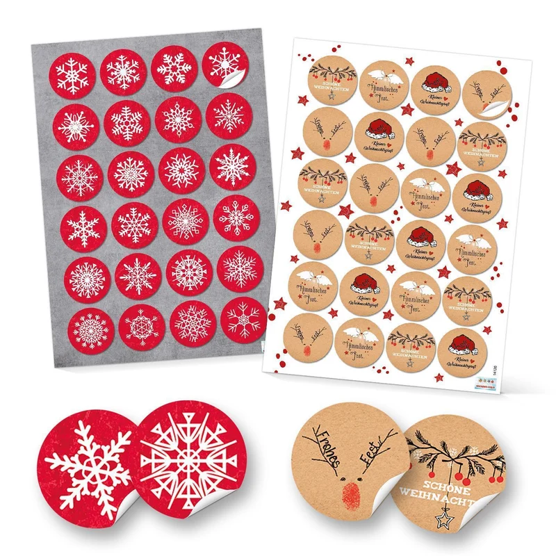 SET 4 x 24 Weihnachtsaufkleber rot weiß schwarz FROHE WEIHNACHTEN + SCHNEEFLOCKE Aufkleber Geschenkaufkleber Verpackung 4 cm Weihnachtsgeschenke retro vintage Sticker Geschenkverpackung Deko