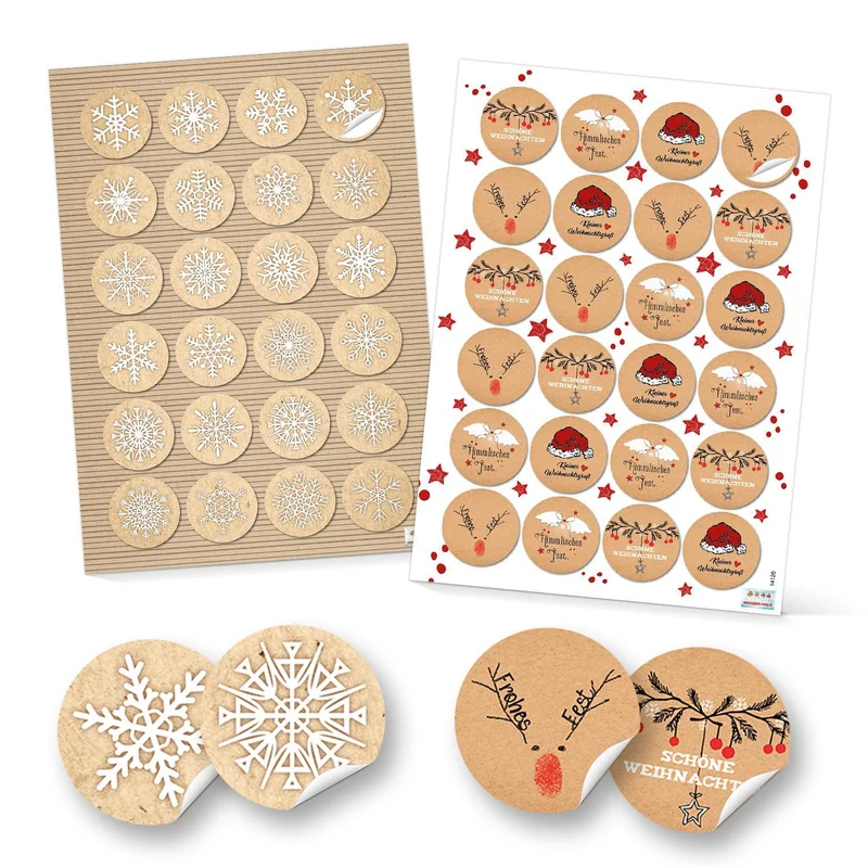 SET 4 x 24 Weihnachtsaufkleber rot weiß schwarz natur FROHE WEIHNACHTEN + SCHNEEFLOCKE Aufkleber Geschenkaufkleber Verpackung 4 cm Weihnachtsgeschenke retro vintage Sticker Geschenkverpackung Deko