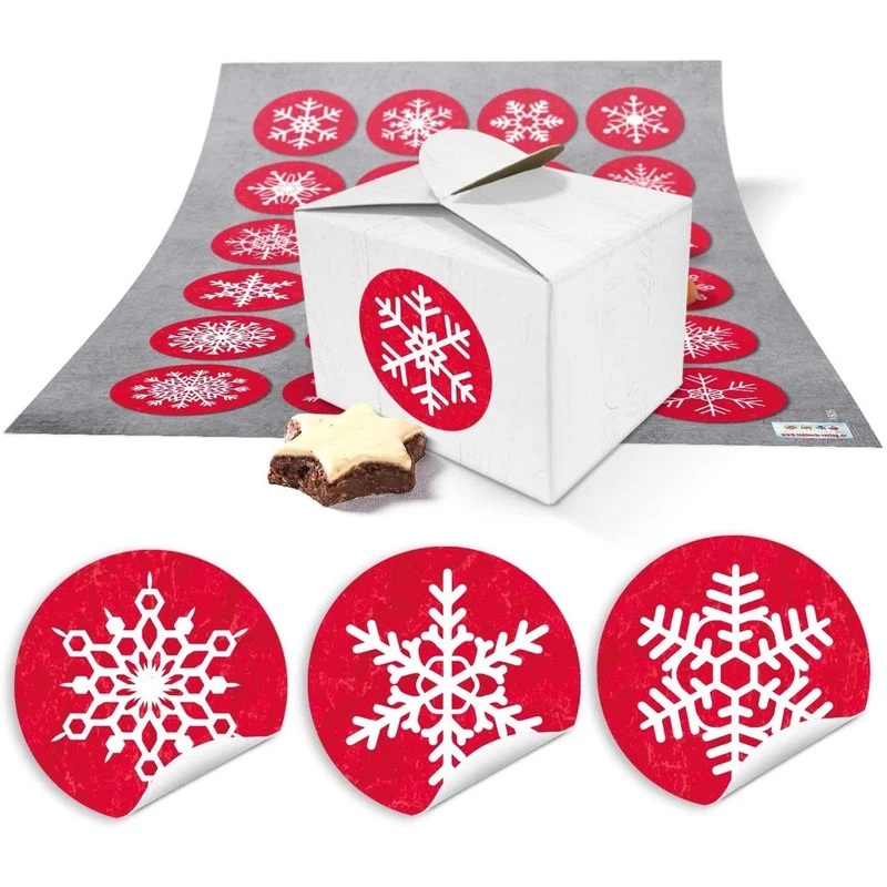 24 Geschenkboxen weiß 8 x 6,5 x 5,5 cm mit runden Aufklebern „Schneeflocke“ rot-weiß