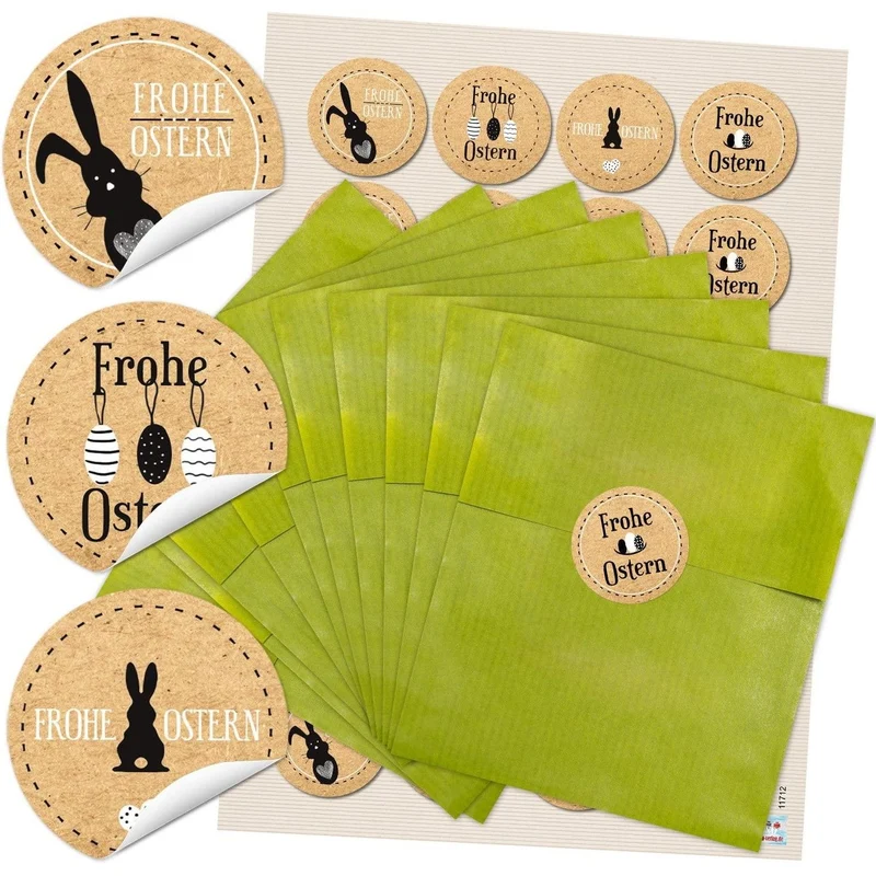 Grüne Flachbeutel aus Papier mit runden Osteraufklebern in verschiedenen Motiven