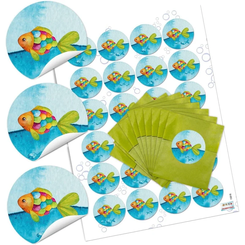 Grüne Flachbeutel aus Papier 7 x 9 cm mit runden Aufklebern Regenbogenfisch