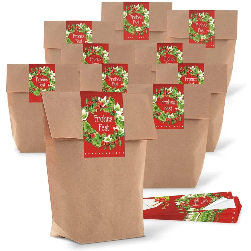 Kraftpapiertüten mit Boden 14 x 22 x 5,6 cm mit Weihnachtsaufklebern in vielen Motiven