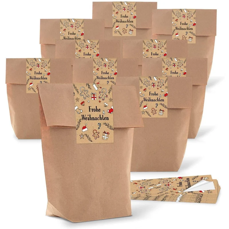Kraftpapiertüten mit Boden 14 x 22 x 5,6 cm mit Weihnachtsaufklebern in vielen Motiven