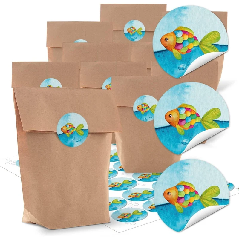 Kraftpapiertüten mit Boden 14 x 22 x 5,6 cm mit runden Fisch-Aufklebern blau-türkis