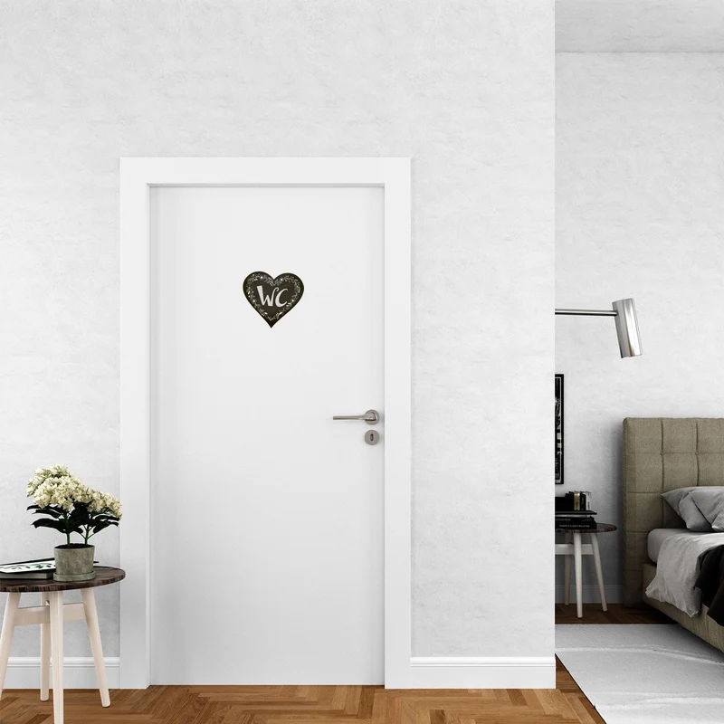 Badezimmer Türschild Herz schwarz „WC“ in Tafelkreide-Optik (15,5 cm) mit Klebepads