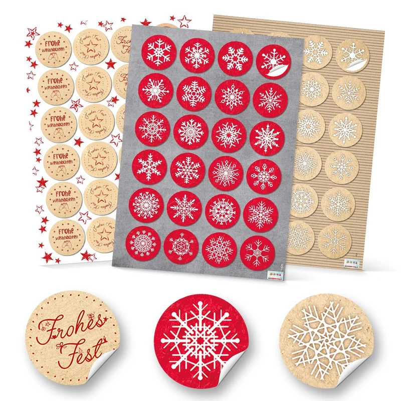 SET 3 x 24 rot weiß natur Weihnachtsaufkleber Aufkleber FROHE WEIHNACHTEN FROHES FEST + SCHNEEFLOCKE Verpackung Geschenkaufkleber vintage rund 4 cm Deko weihnachtlich Geschenkverpackung