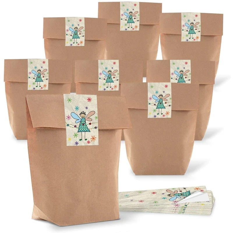 Kraftpapiertüten mit Boden 16,5 x 26 x 6,6 cm mit Weihnachtsaufklebern braun-rot-weiß
