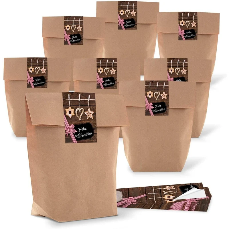 Kraftpapiertüten mit Boden 16,5 x 26 x 6,6 cm mit Weihnachtsaufklebern braun-rot-weiß