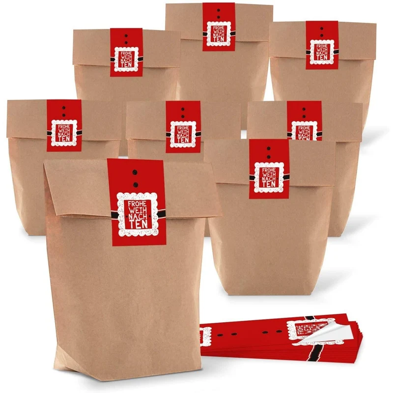 Kraftpapiertüten mit Boden 16,5 x 26 x 6,6 cm mit Weihnachtsaufklebern braun-rot-weiß