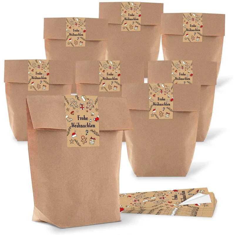Kraftpapiertüten braun mit Boden 16,5 x 26 x 6,6 cm mit Weihnachtsbanderolen