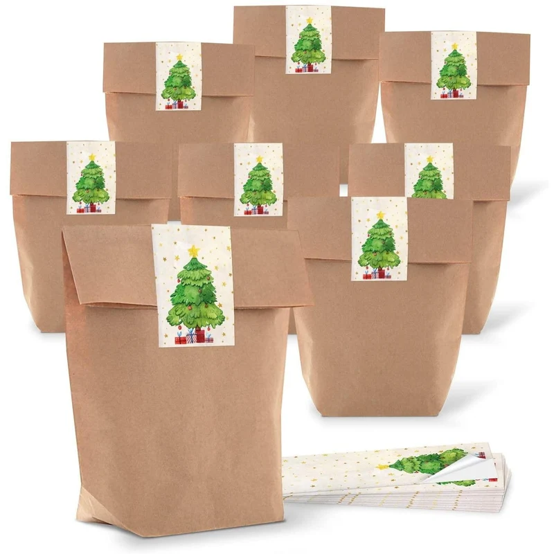Kraftpapiertüten braun mit Boden 16,5 x 26 x 6,6 cm mit Weihnachtsbanderolen