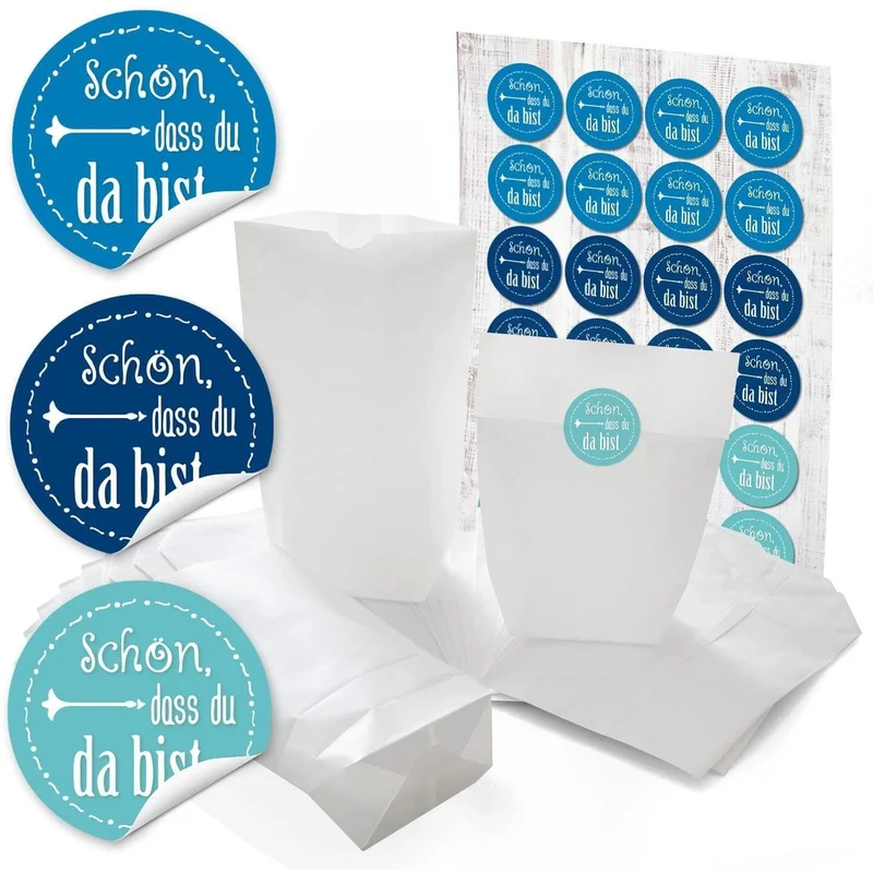Weiße Papiertüten mit Boden 14 x 22 x 5,6 cm mit Aufklebern „Schön, dass du da bist“