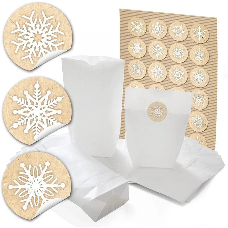 Weiße Papiertüten mit Boden 14 x 22 x 5,6 cm mit Weihnachtsaufklebern Schneeflocken