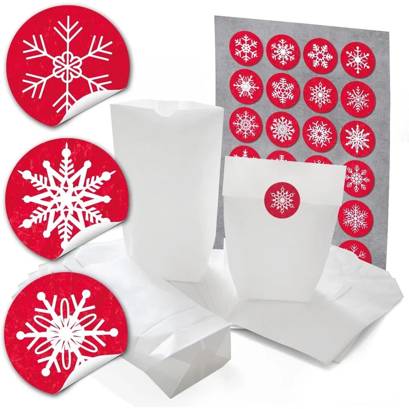Weiße Papiertüten mit Boden 14 x 22 x 5,6 cm mit Weihnachtsaufklebern Schneeflocken