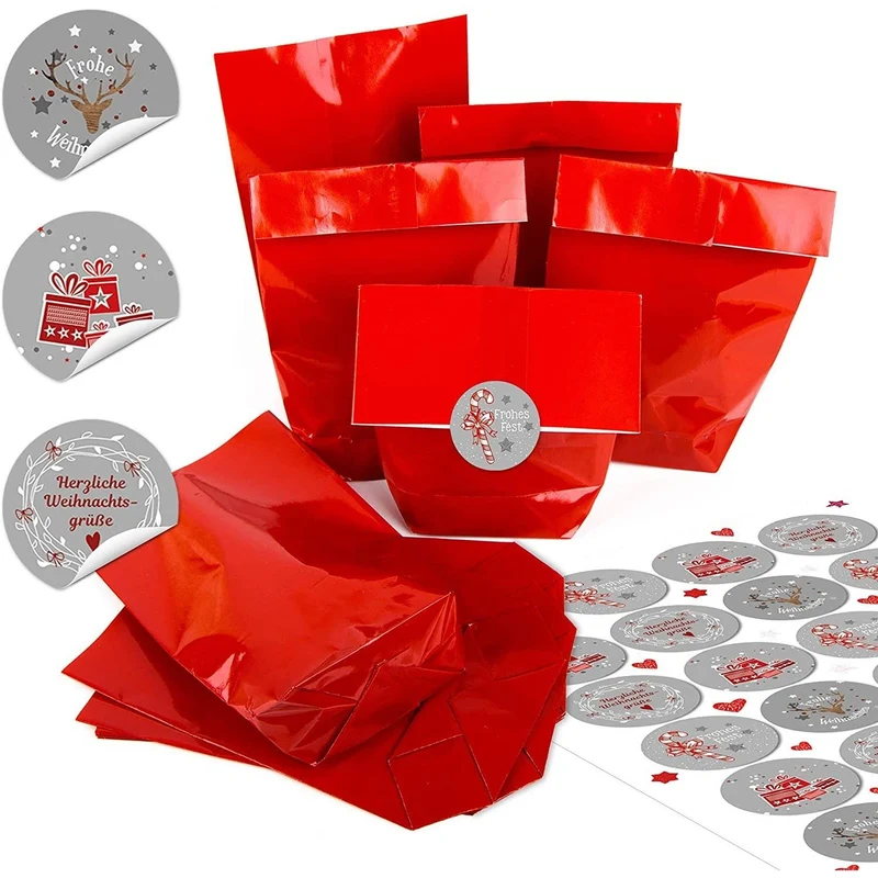 Weihnachtliche Papiertüten mit Boden 14 x 22 x 5,5 cm mit runden Weihnachtsaufklebern