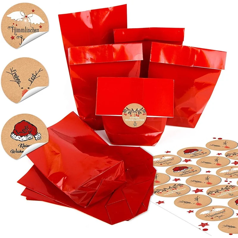 Weihnachtliche Papiertüten mit Boden 14 x 22 x 5,5 cm mit runden Weihnachtsaufklebern