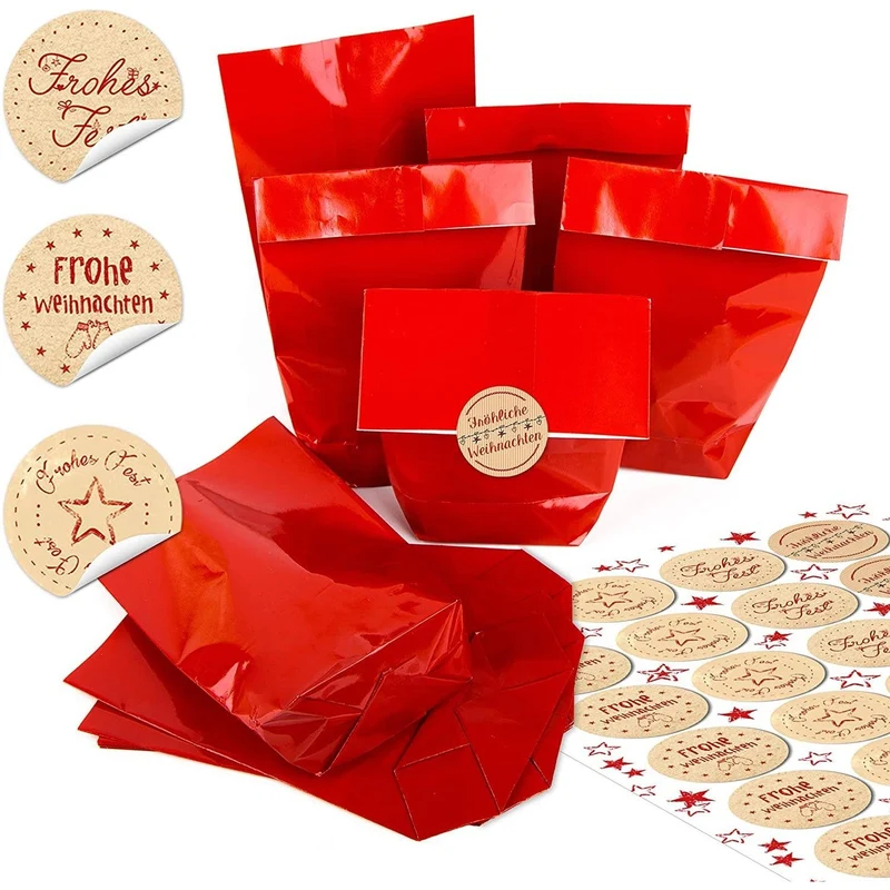 Weihnachtliche Papiertüten mit Boden 14 x 22 x 5,5 cm mit runden Weihnachtsaufklebern