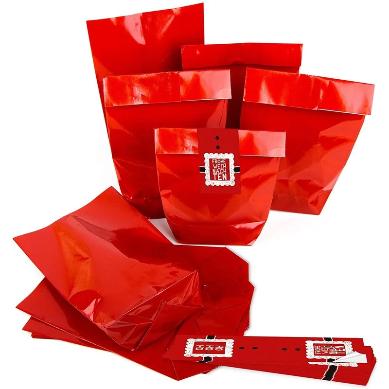 Rote Papiertüten mit Boden 14 x 22 x 5,6 cm mit Weihnachtsaufkleber „Hohoho“ glänzend