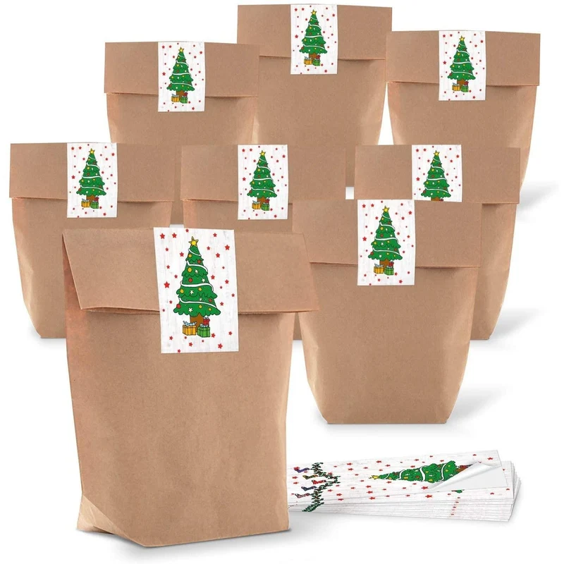 Kraftpapiertüten mit Boden 16,5 x 26 x 6,6 cm mit Weihnachtsaufklebern in vielen Motiven