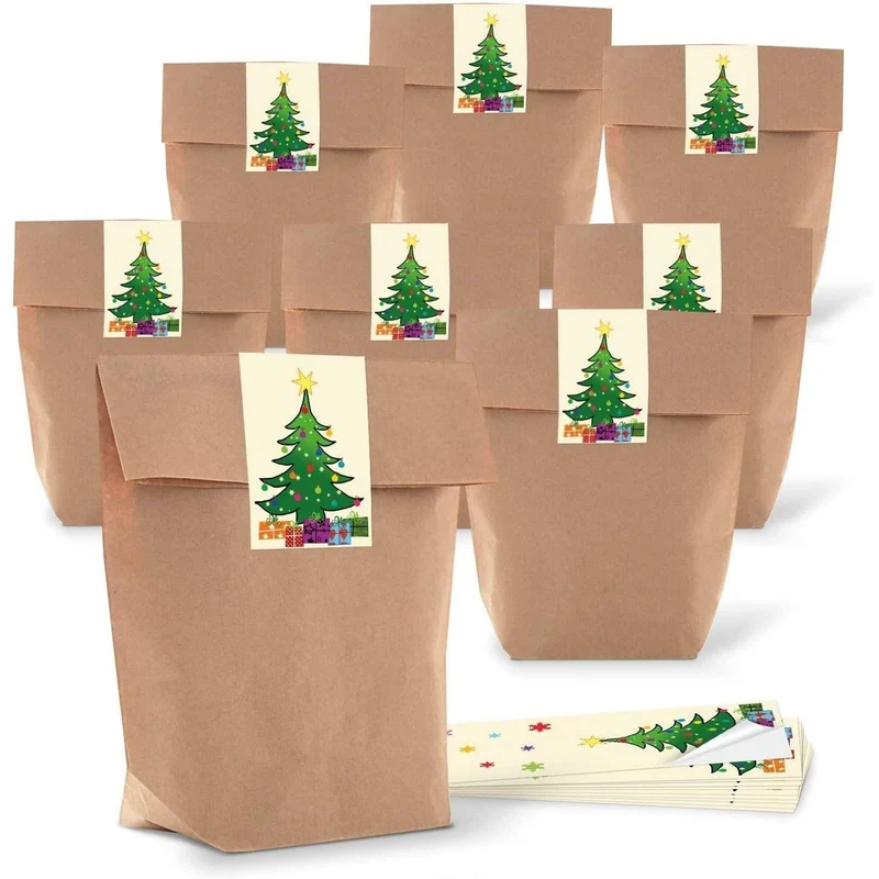 Kraftpapiertüten mit Boden 16,5 x 26 x 6,6 cm mit Weihnachtsaufklebern in vielen Motiven