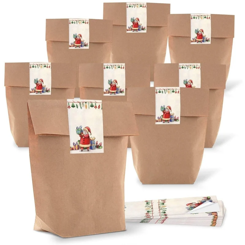 Kraftpapiertüten mit Boden 16,5 x 26 x 6,6 cm mit Weihnachtsaufklebern in vielen Motiven