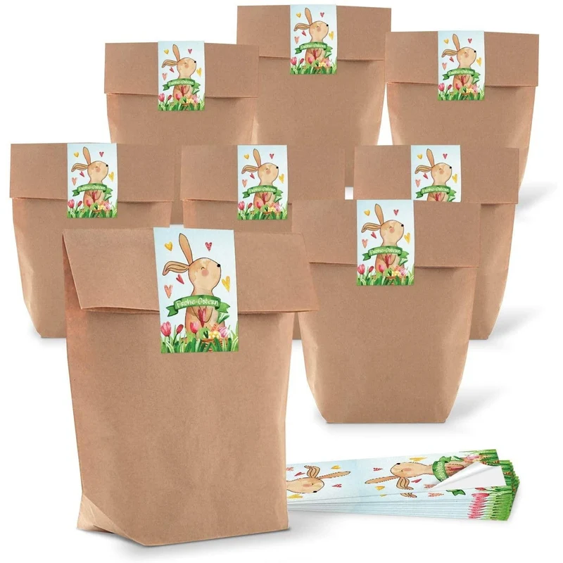 Kraftpapiertüten mit Boden 16,5 x 26 x 6,6 cm mit Osteraufklebern in verschiedenen Motiven