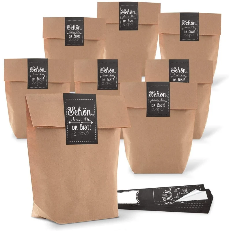 Kraftpapiertüten mit Boden 16,5 x 26 x 6,6 cm mit Aufklebern für Gastgeschenke