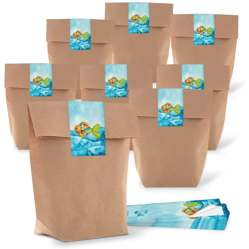 Kraftpapiertüten mit Boden 16,5 x 26 x 6,6 cm mit Aufklebern für Gastgeschenke