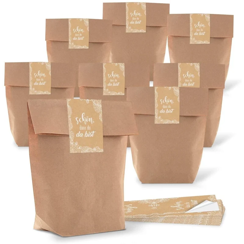 Kraftpapiertüten mit Boden 16,5 x 26 x 6,6 cm mit Aufklebern für Gastgeschenke