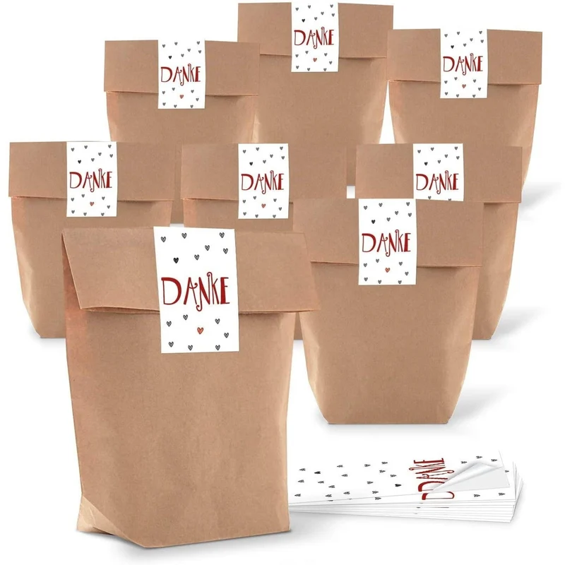 Kraftpapiertüten mit Boden 16,5 x 26 x 6,6 cm mit Aufklebern für Gastgeschenke