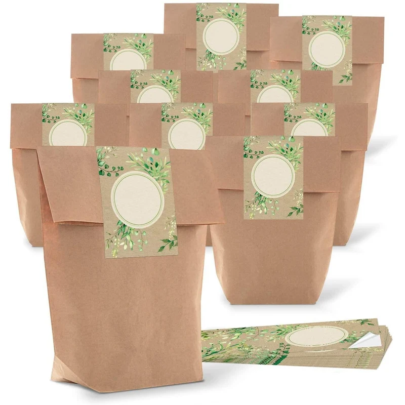Kraftpapiertüten mit Boden 16,5 x 26 x 6,6 cm mit Aufklebern für Gastgeschenke