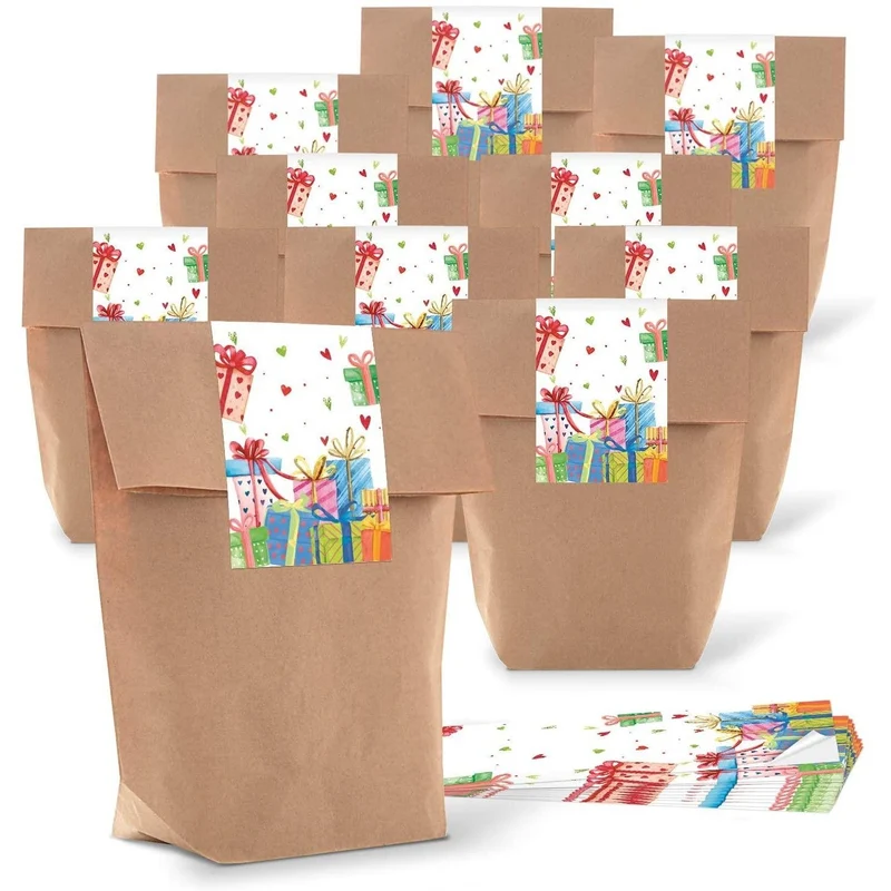 Kraftpapiertüten mit Boden 16,5 x 26 x 6,6 cm mit Aufklebern für Gastgeschenke