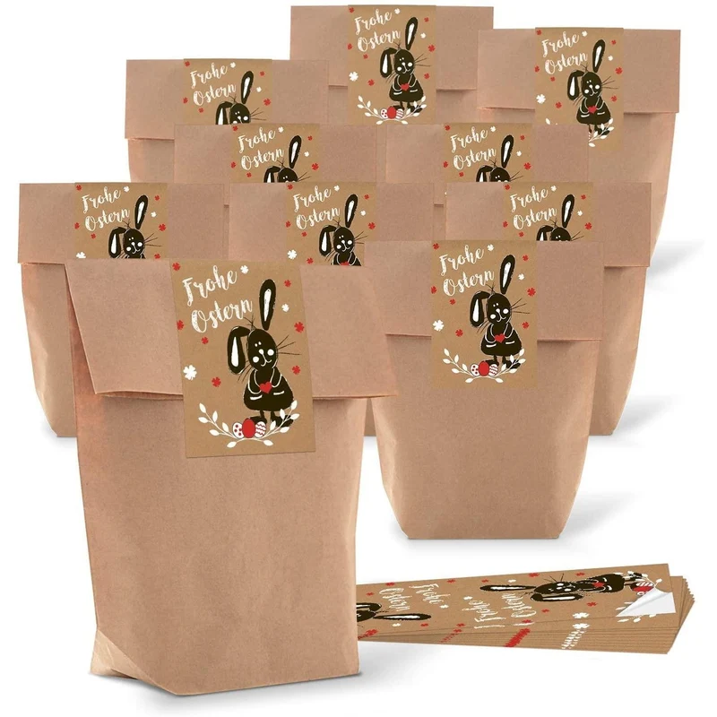 Kraftpapiertüten mit Boden 16,5 x 26 x 6,6 cm mit Osteraufklebern Osterhase