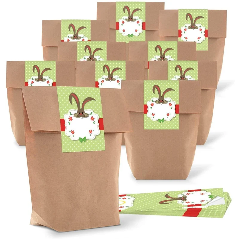 Kraftpapiertüten mit Boden 16,5 x 26 x 6,6 cm mit Osteraufklebern Osterhase