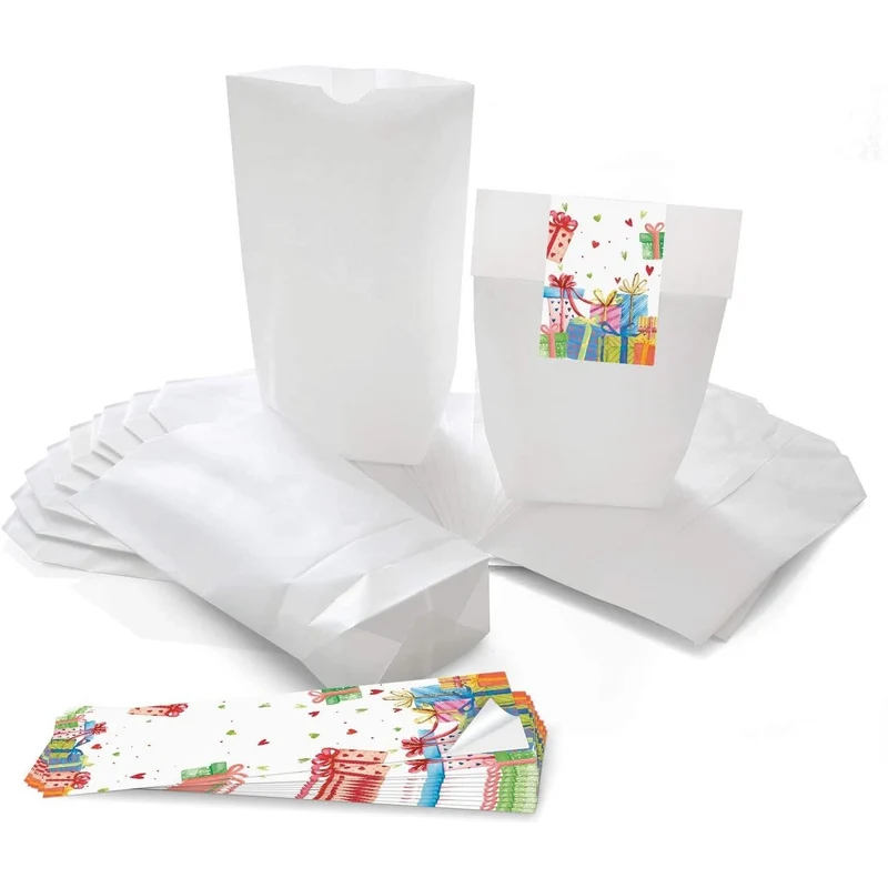 Weiße Papiertüten mit Boden 16,5 x 26 x 6,6 cm mit Aufkleber in verschiedenen Motiven