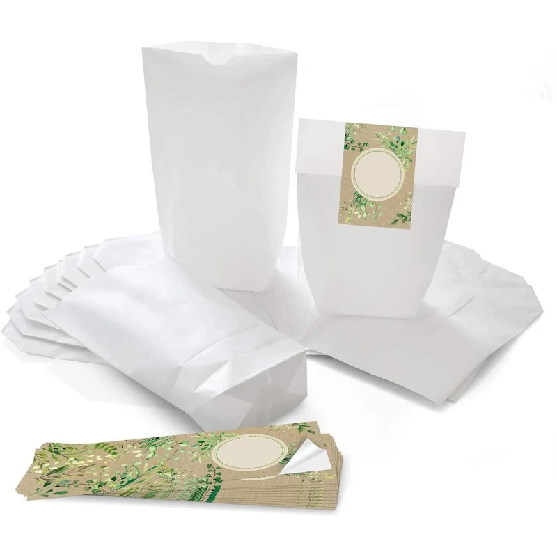 Weiße Papiertüten mit Boden 16,5 x 26 x 6,6 cm mit Aufkleber in verschiedenen Motiven