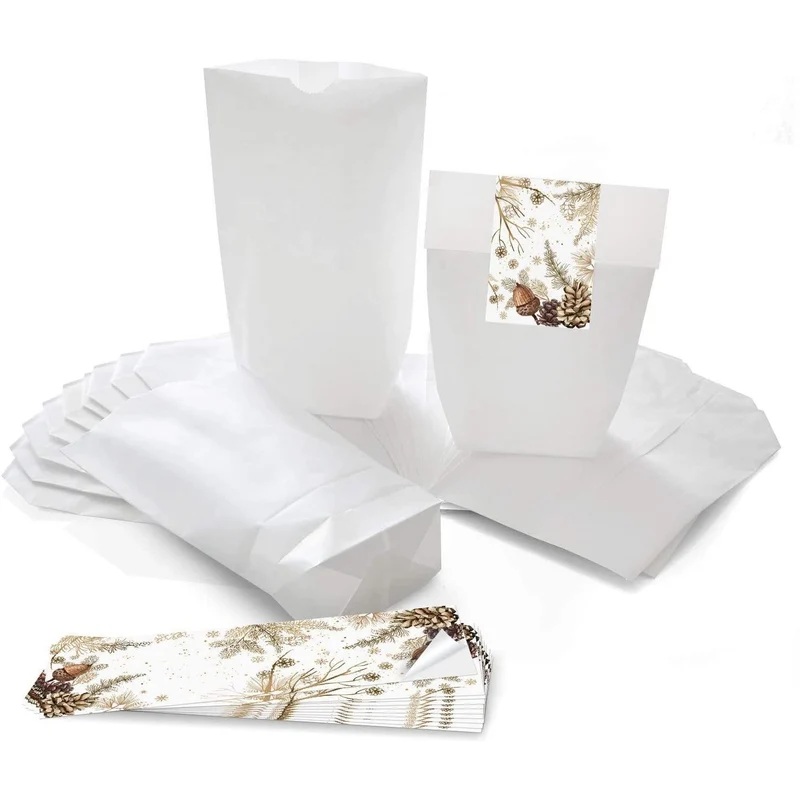 Weiße Papiertüten mit Boden 16,5 x 26 x 6,6 cm mit Aufkleber Zapfen und Nüsse braun