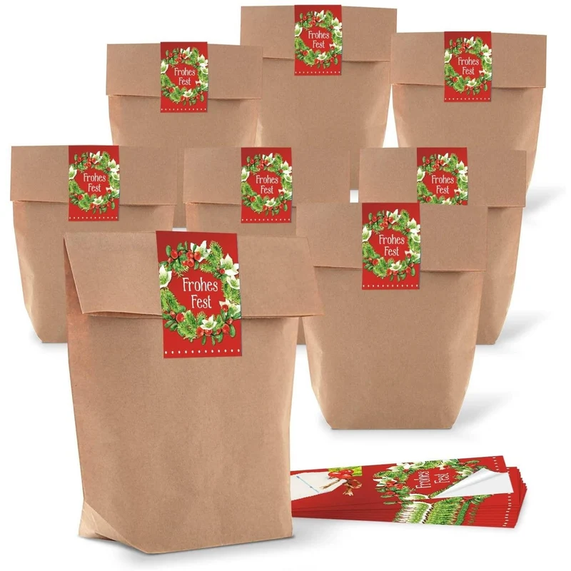 Kraftpapiertüten mit Boden 16,5 x 26 x 6,5 cm mit Weihnachtsaufklebern in vielen Designs