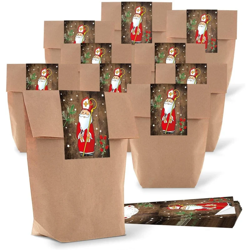 Kraftpapiertüten mit Boden 16,5 x 26 x 6,5 cm mit Weihnachtsaufklebern in vielen Designs
