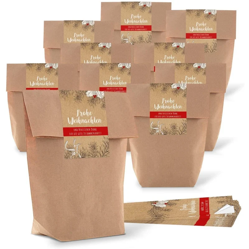 Kraftpapiertüten mit Boden 16,5 x 26 x 6,5 cm mit Weihnachtsaufklebern in vielen Designs