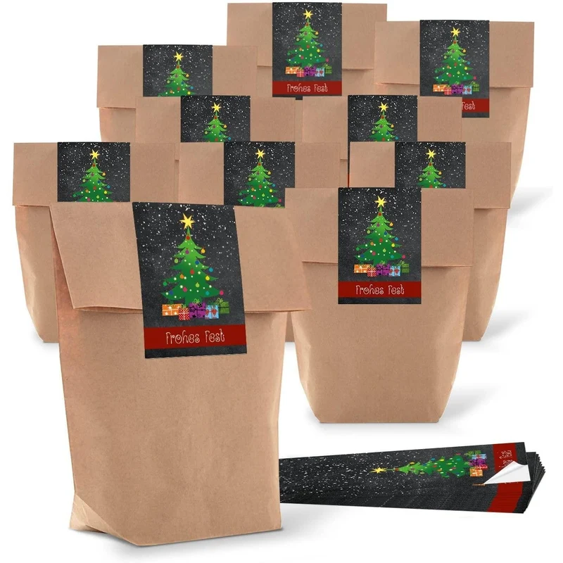 Kraftpapiertüten mit Boden 16,5 x 26 x 6,5 cm mit Weihnachtsaufklebern in vielen Designs