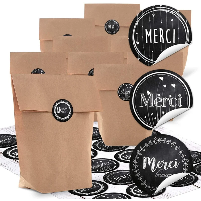 Kraftpapiertüten 16,5 x 26 x 6,6 cm mit Aufklebern „Merci“ oder „Schön, dass du da warst“